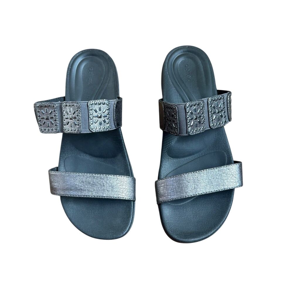 Aetrex Womens Metallic Grey & Black Sandals Size 7.5-8 Retails $99 Slippers